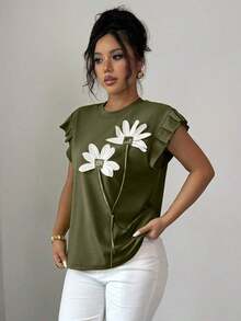 Camiseta de mujer con flores tridimensionales lindas y contrastantes para verano y otoño - verde militar 2 - Ver 3
