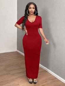 Vestido ajustado corto de manga corta con cuello en V liso para baile de graduación - Burdeos - Ver 6