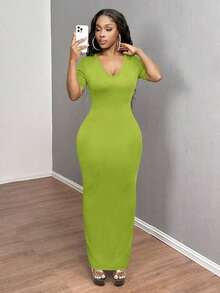 Vestido ajustado corto de manga corta con cuello en V liso para baile de graduación - Verde Oliva - Ver 4