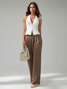 Tall Blazer casual de unicolor con cuello en V para mujer, top de traje tejido - Conjunto de otoño vintage seductor de oficina para maestras - Blanco - Ver 6