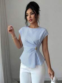 Blusa elegante de mujer con cintura a rayas, ajustada, con decoración de hebilla metálica y cremallera oculta en la espalda, adecuada para uso casual y de oficina - Azul - Ver 4
