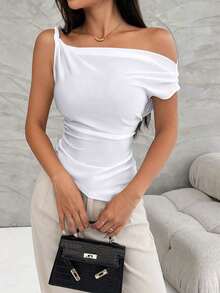 Camiseta de verano con hombro asimétrico con volantes y bajo asimétrico, estilo para ir al trabajo - Blanco - Ver 6