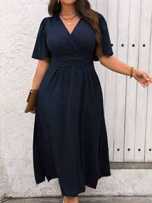 Vestido maxi de verano para mujer talla grande, de manga corta con volantes y cuello en V de un solo color - Azul marino - Ver 7