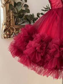 Elegante y lujoso vestido corto hecho a mano con aplicaciones bordadas, encaje de ganchillo y parches de satén, con abertura en la cintura, adecuado para citas, fiestas de solteros, galas, bailes, Día de San Valentín - Burdeos - Ver 5