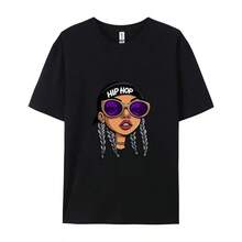 1 Camiseta Casual de  de Manga Corta y Cuello Redondo, Largo Regular, con Estampado Gráfico Hip Hop, para Uso Diario |   Diseño exquisito |   Suelto y cómodo |   Fácil de combinar | - Negro - Ver 2