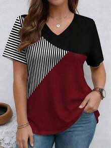 Camiseta casual de manga corta con cuello en V, de talla grande, con estampado de rayas patchwork - Multicolor 2 - Ver 1
