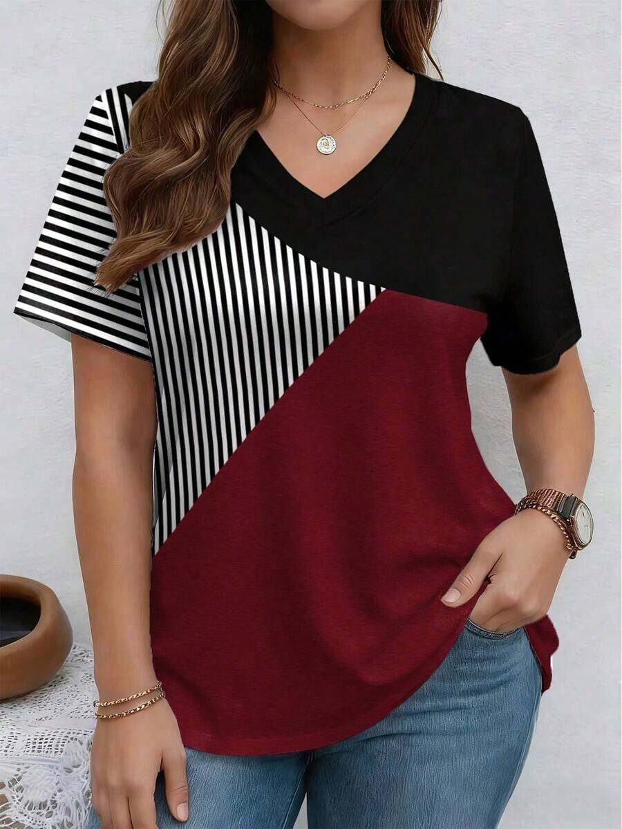 Camiseta casual de manga corta con cuello en V, de talla grande, con estampado de rayas patchwork - Multicolor 2 - Ver 1
