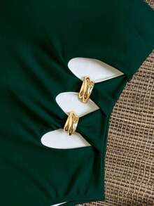 Traje de baño de una pieza elegante para vacaciones con hombros con lazo y decoración metálica hueca en la cintura, de unicolor - Verde Oscuro - Ver 3
