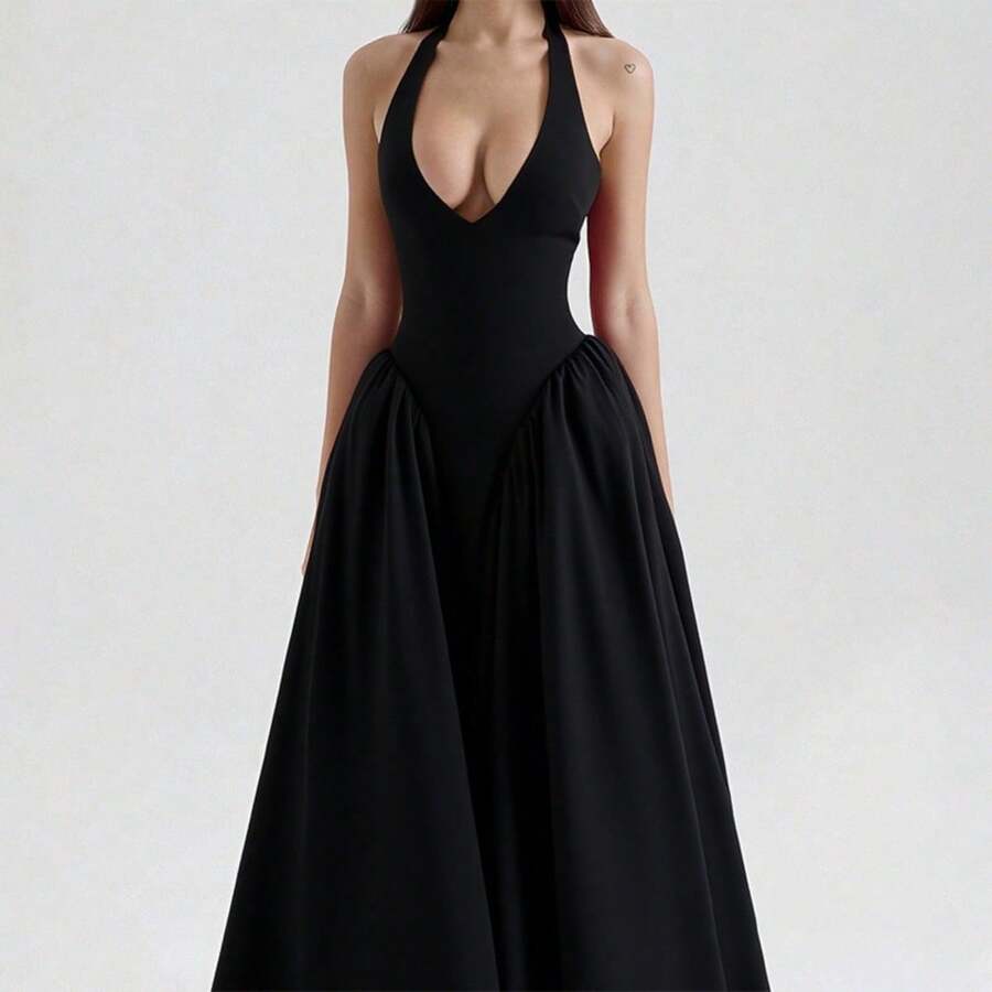 Elegant Women's Party Dress, New Spring Collection, V-Neck With Halter Straps, Sensual Style - Black - View 1