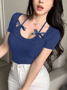 Camiseta de manga corta de ajuste ceñido, casual y sexy con decoración de lazo en el cuello halter para mujer - Azul marino 2 - Ver 1