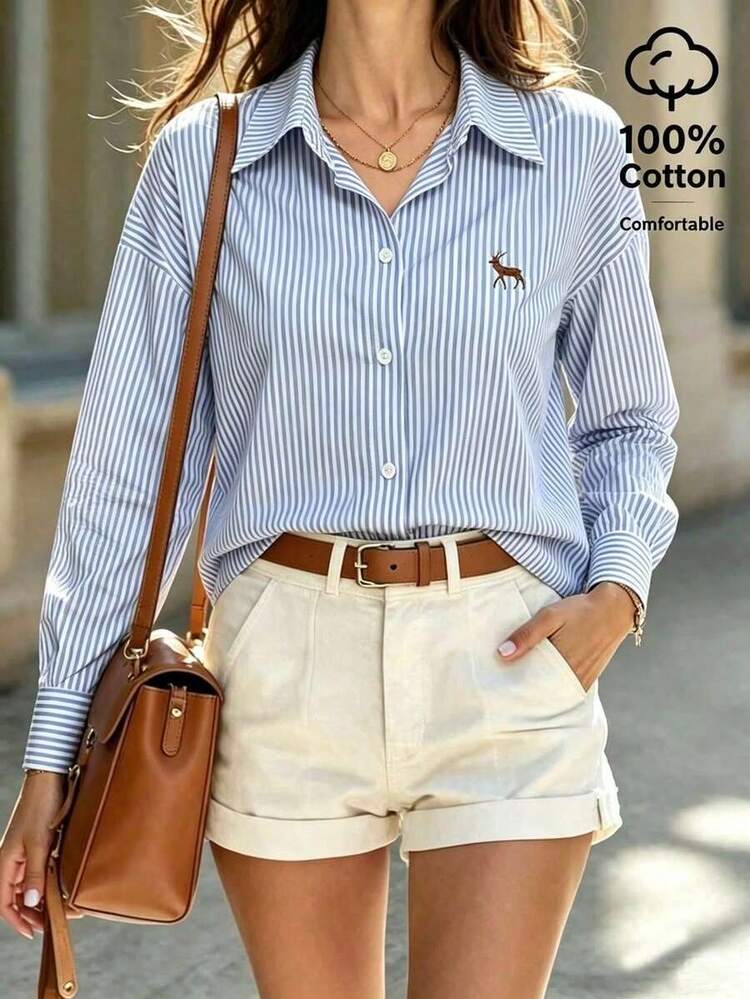 Camisa casual de manga larga con botones, cuello polo y estampado de rayas bordado - Azul 2 - Añade 1