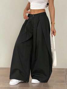Pantalones anchos de verano con dobladillo curvo verde, estilo vintage, casual y para salir - Negro - Ver 7