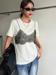 Camiseta de manga corta de verano de 2 en 1 con bloque de color y ribete de encaje para mujer - Blanco - Ver 3