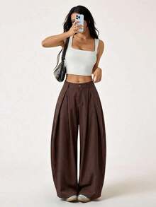 Pantalones anchos de verano con dobladillo curvo verde, estilo vintage, casual y para salir - Café integral - Ver 3