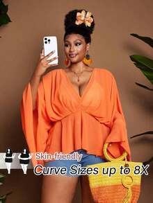 de gasa con cuello en V, mangas acampanadas con volantes y pliegues, estilo francés elegante para verano, talla grande, color naranja, camisa grácil para mujer, atuendo de vacaciones, Top con bajo fluido - Naranja - Ver 7
