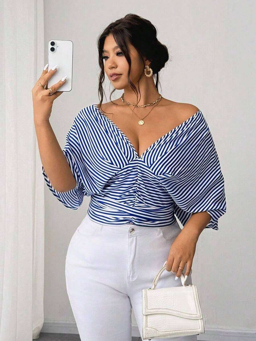 Vestido tipo camisa sin mangas a rayas azul de talla grande, cintura entallada, versátil y elegante - Azul 2 - Ver 1