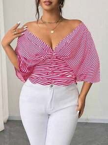 Vestido tipo camisa sin mangas a rayas azul de talla grande, cintura entallada, versátil y elegante - Rosa Fucsia - Ver 5