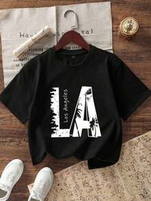 Set Of 3 Short-Sleeved Crew Neck T-Shirts With City Landmark Print, Suitable For Everyday Wear, Campus And Street Style For Kids,  Summer Tops For Pre-Teen Boys - 黑色 - 查看 6