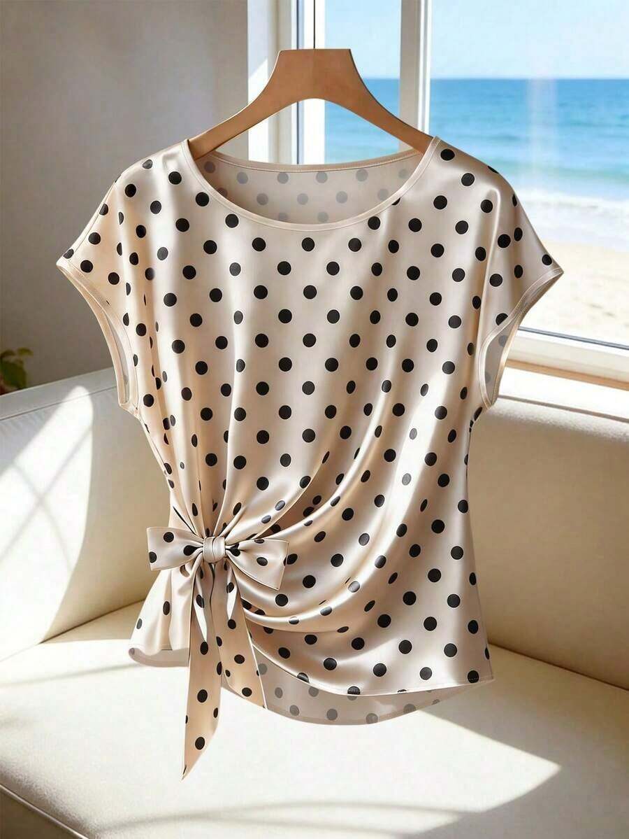 Blusa de verano casual con estampado de lunares, lazo delantero, manga corta, para mujer, elegante, linda, con estampado de lunares - Dorado - Ver 1