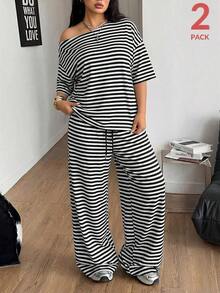 Conjunto de dos piezas de camiseta hombros descubiertos y pantalón ancho de chándal para mujer talla grande, minimalista, ropa de calle, uso diario, salir, deporte, cómodo - Blanco y Negro - Ver 11