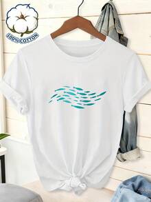 Camiseta 100% pura de manga corta y cuello redondo con estampado de pescado, versátil y hecha de tela cómoda - Blanco - Ver 6