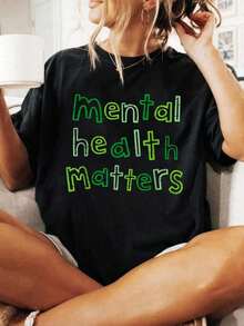 T-Shirt With Green Ribbon Print For Mental Health And Brain Disease Awareness, Casual Short-Sleeved Round Neck T-Shirt, Comfortable For Spring And Summer, Women's Clothing. - 黑色 - 查看 1