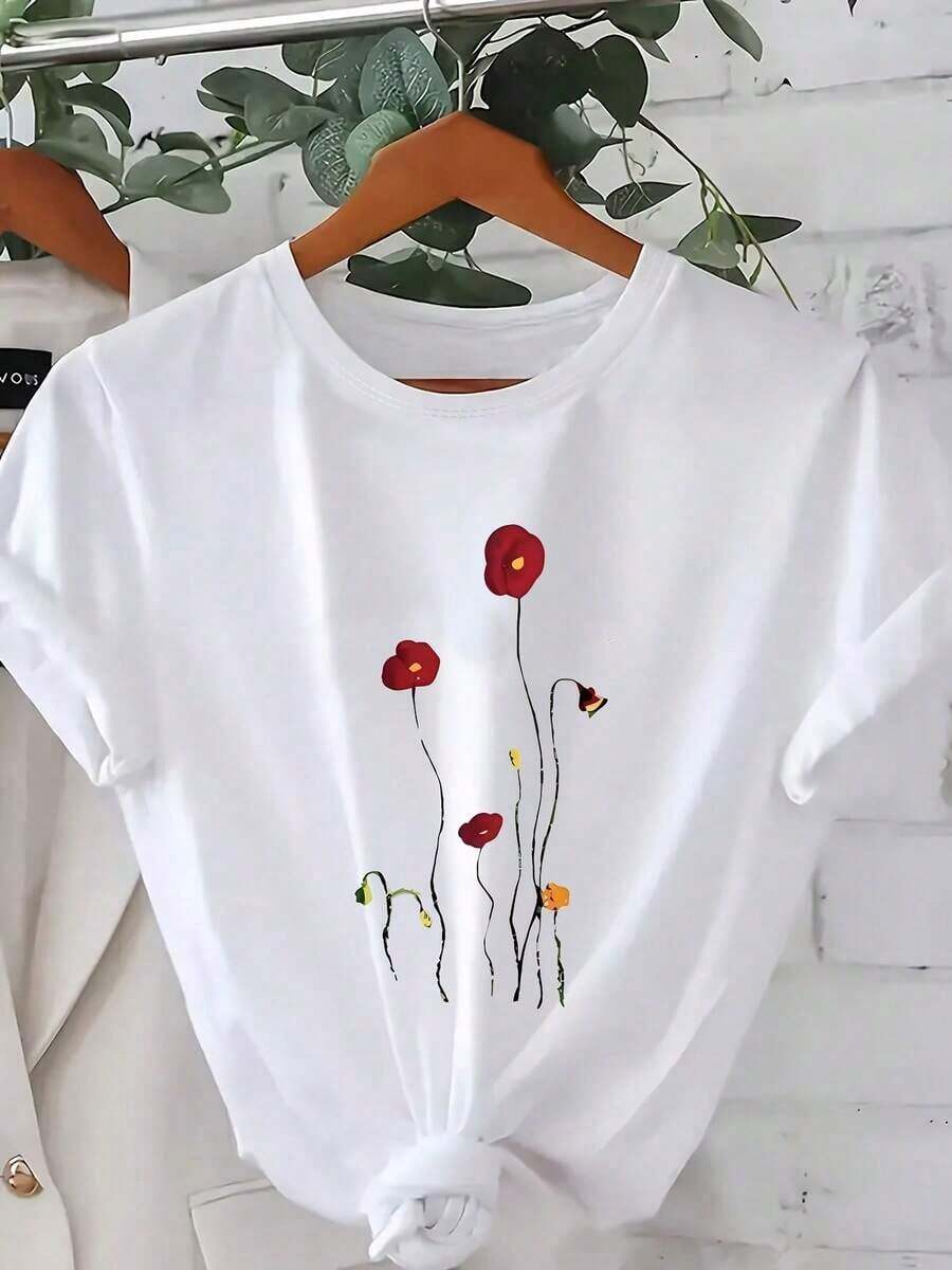 Plus Size T-Shirt With Poppy Flower Print, Red Floral Design, Fashionable Plus Size Women's Clothing, Suitable For All Seasons, Machine Washable - Style Y2K Cotton T-Shirt, Ideal Gift - 白色 - View 1