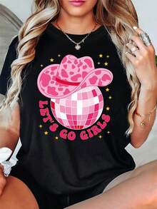 Vintage "LET'S GO GIRLS" Disco Ball Print T-Shirt For Women, Short Sleeve, Round Neck, Casual Spring/Summer Style, Ideal For Everyday Wear, Holiday Gift, Graphic Tee. - 黑色 - 查看 1