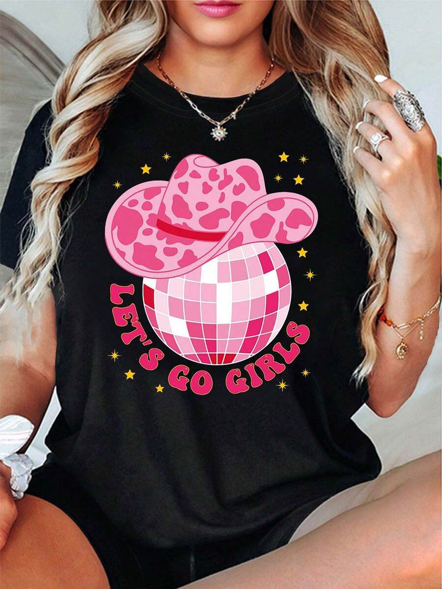 Vintage "LET'S GO GIRLS" Disco Ball Print T-Shirt For Women, Short Sleeve, Round Neck, Casual Spring/Summer Style, Ideal For Everyday Wear, Holiday Gift, Graphic Tee. - 黑色 - 查看 1