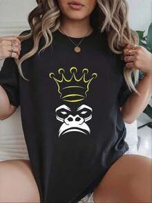 100% cotton Camiseta gorila rey estilo gráfico para mujer, diseño moderno con gorila y corona, ideal para looks casuales, perfecta para jóvenes y adultos, disponible en talla grande y color negro, ropa de moda casual, suéter de . - Negro - Ver 1
