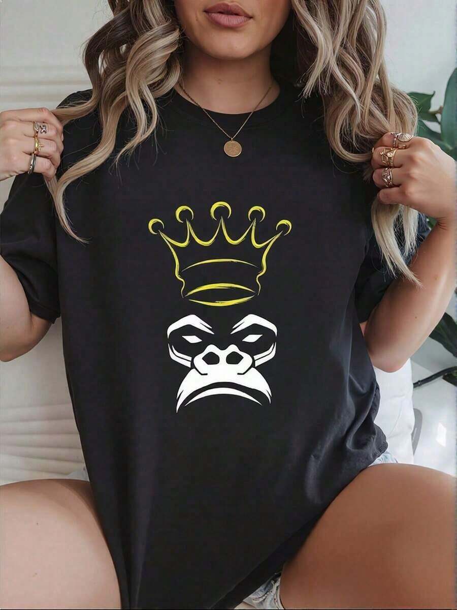 100% cotton Camiseta gorila rey estilo gráfico para mujer, diseño moderno con gorila y corona, ideal para looks casuales, perfecta para jóvenes y adultos, disponible en talla grande y color negro, ropa de moda casual, suéter de . - Negro - Ver 1