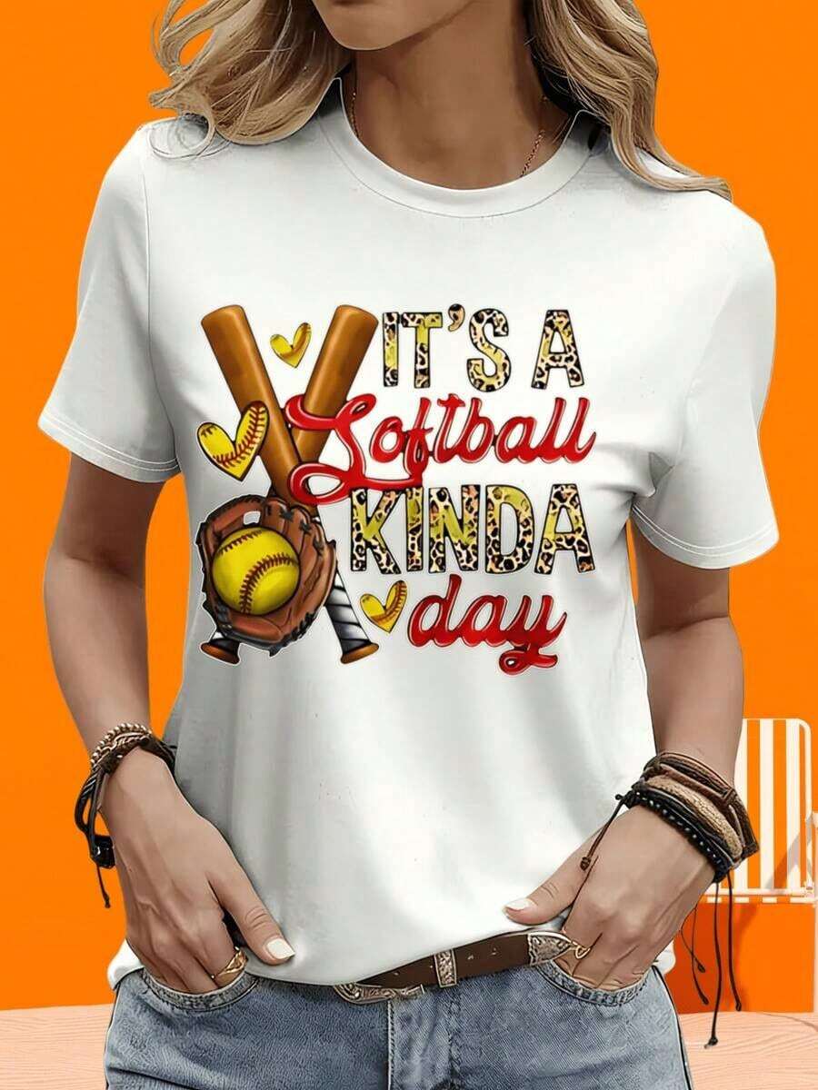 Camiseta de manga corta para mujer, para ocio al aire libre y en casa, con diseño de bate y guante para amantes y jugadores de softbol. Regalo para fiestas, vacaciones y actividades al aire libre. - Blanco - Ver 1
