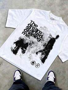 1 Camiseta de Algodón para Niñas, Estilo Y2K con Estampado de Letras - Cuello Redondo Casual, Manga Corta, Lavable a Máquina - Perfecta para Primavera/Verano/Otoño, Moda, Ropa Urbana, Unisex, Hombres, Mujeres, 180g, 100% Algodón, Camisetas con Estampado Gráfico - Blanco - Ver 5