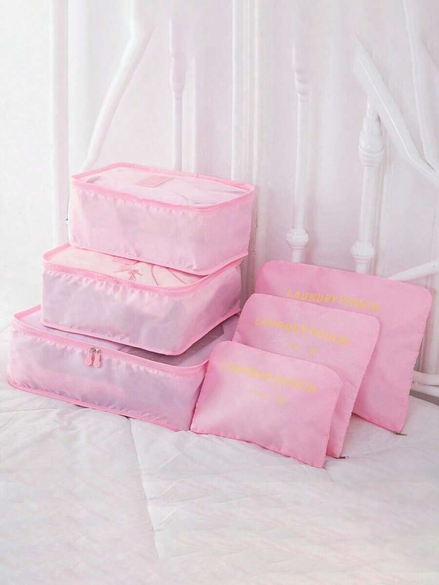 6pcs Waterproof Luggage Travel Organizer Set, Colorful Portable Zipper Packing Cubes For Clothes, Suitable For Travel, Dorm, Suitcase, Minimalist Style (All Prints & Letters Random)