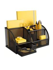 1pc Large Capacity Black Mesh Desktop Storage Box With 7 Compartments - Durable Iron Wire Office & School Supply Organizer Box For Stationery Storage, Painted Surface, Multi-Functional Storage Box - Black - View 3