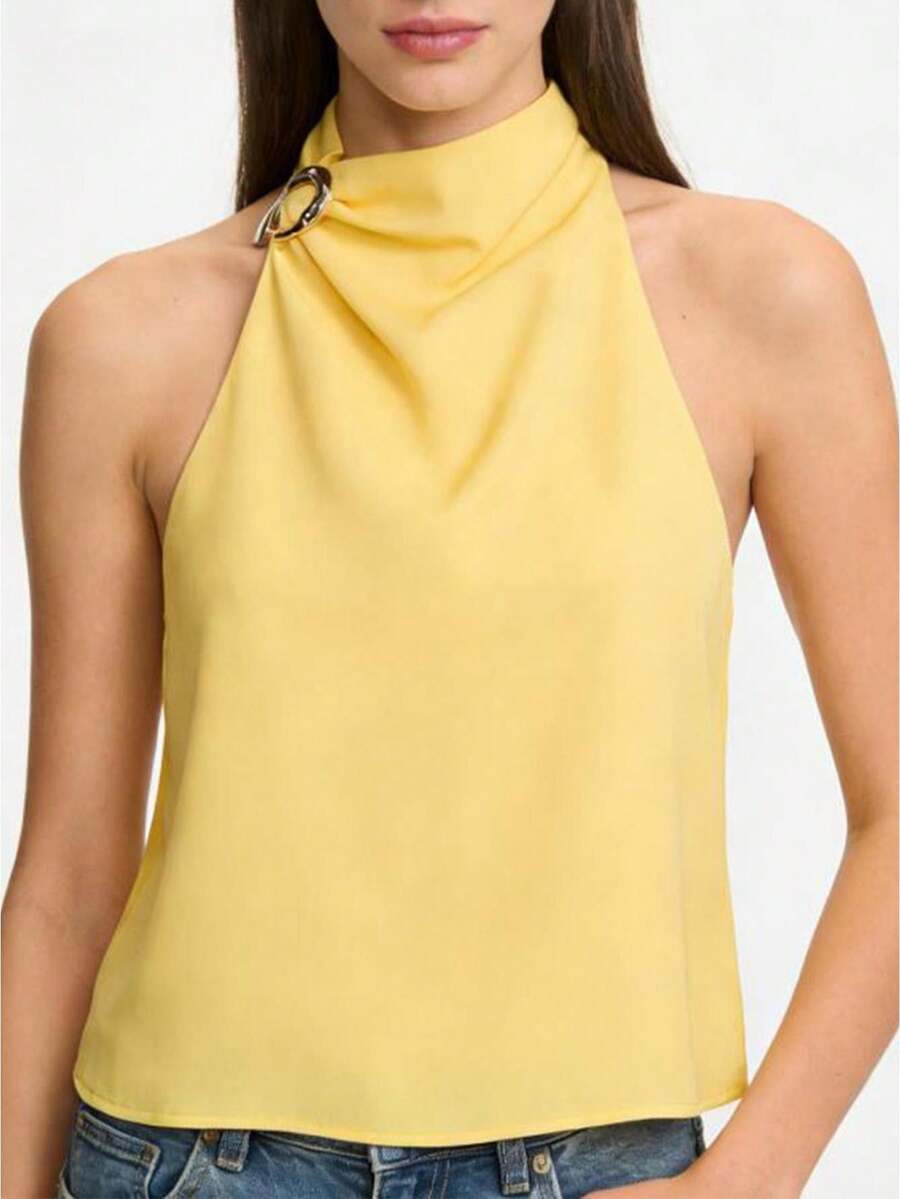 Women's Summer High Neck Vest Sleeveless Solid Color Satin Slim Fit Tank Tops For Party - Yellow - View 1