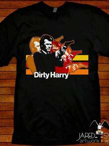 Short-Sleeved T-Shirt With A Round Neck And Dirty Harry Print, Black, With A Simple Design, Basic Everyday Style, Urban Vintage Style, Unisex, Loose Fit, Cotton. Women's Blouses. Casual Blouses For Women.  Print. Printed T-Shirt.  Print. - 黑色 2 - 查看 7