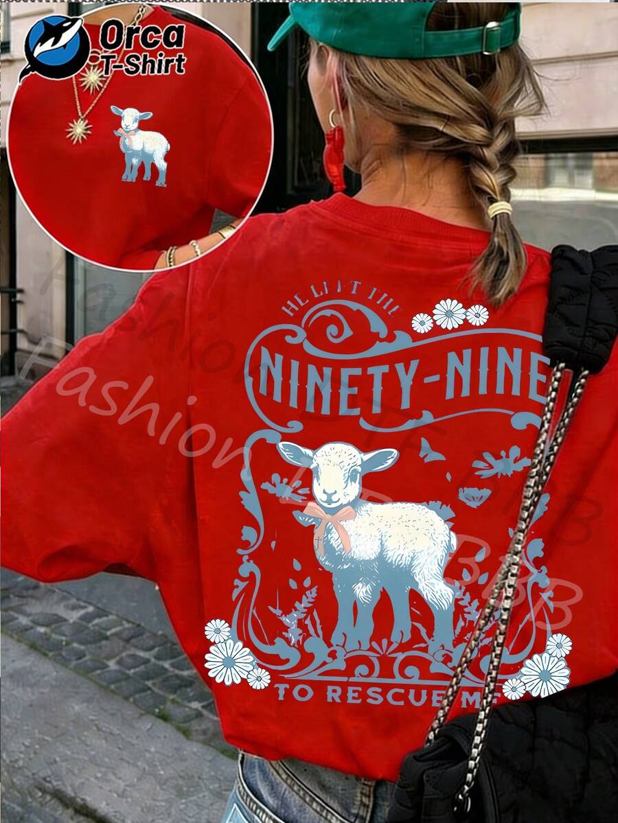 Camiseta de manga corta informal de verano para mujer con estampado "99, Save Me, Lost Sheep", 100% algodón, elegante, top informal para mujer, estilo Y2k, cuello redondo holgado, lavable a máquina, adecuada para salidas informales y actividades religiosas. - Rojo - Ver 1