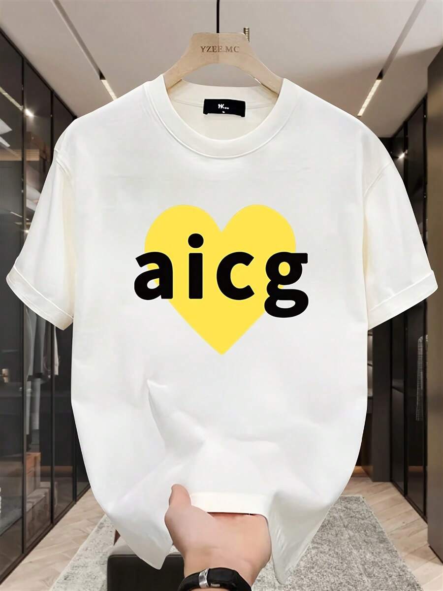 Men's Modern And Personalized Printed Short-Sleeve T-Shirt, Versatile Pure Cotton Top In Korean And Japanese Style For Summer - Unisex Loose-Fitting Short-Sleeve Crew Neck Urban Vintage Style Cotton T-Shirt. - 白色 - 查看 1