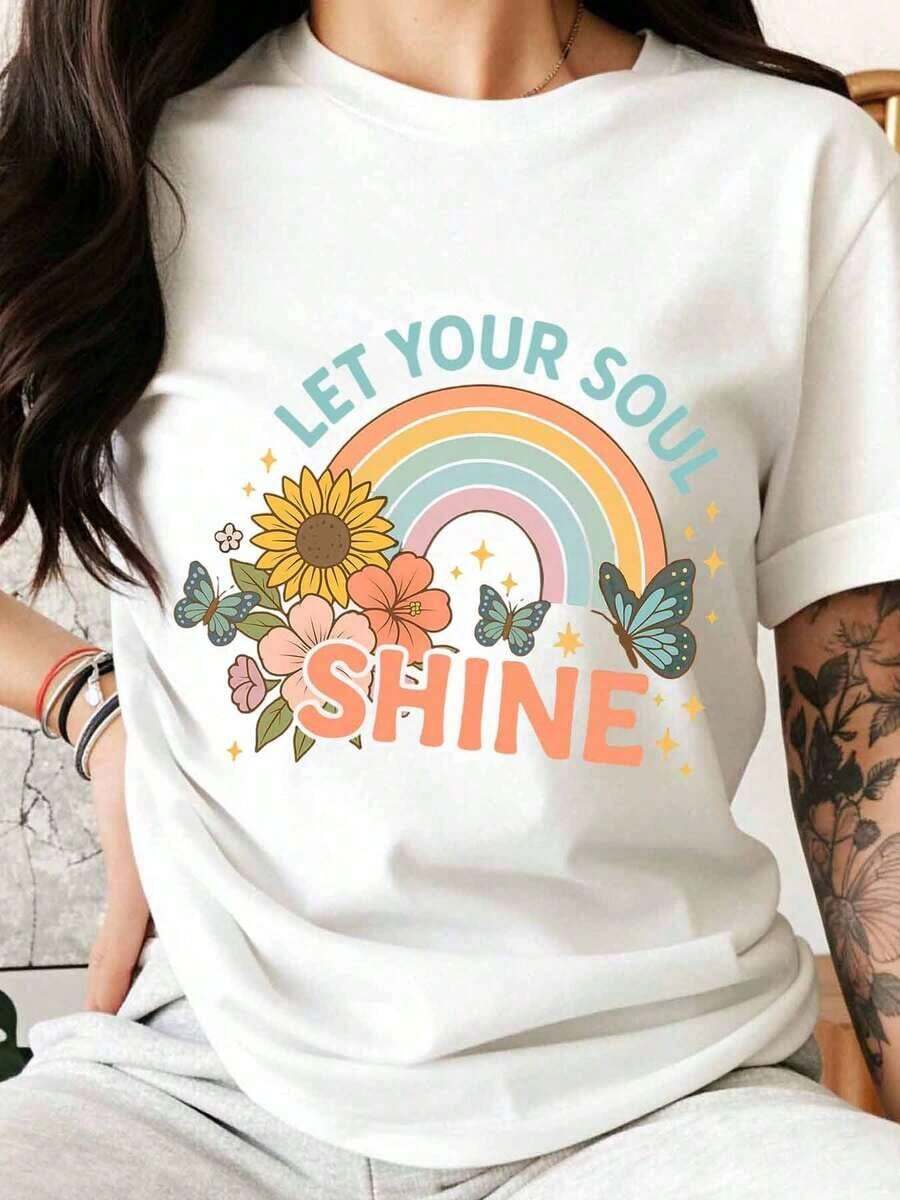 Let Your Soul Shine: Women's Rainbow Flower And Butterfly Design T-Shirt, Cute Summer Graphic Tee, Motivational Quote Tee, Gift For Her, Yoga Clothes, Boho Style Top, Women's T-Shirt. - 白色 - 查看 1