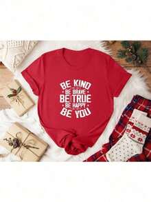 Camiseta "Be Kind Brave True" – Ropa de Verano Motivacional Unisex, Cuello Redondo, Camiseta para Mujer 100% Algodón, Ropa Boho para Mujer, Camiseta de Mujer - Rojo - Ver 2