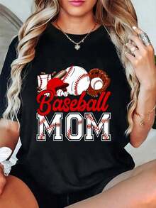 100% Cotton Retro Baseball Mom Mama Baseball Life Softball Life Game Day T-Shirt, Casual Blouse, Basic Tops, Women's Cotton T-Shirts, Oversized Women's Shirt - 黑色 - 查看 1