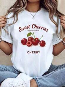 Women's Summer Outfits: One-Piece Women's T-Shirt With Fruit Print, Casual Round Neck Short Sleeve Top, Suitable For All Seasons, 180g Soft 100% Cotton Fruit Pattern T-Shirt, Suitable As A Gift. Women's T-Shirt. Blouses>Elegant. Boho Chic, Soft, Breathable And Comfortable Women's Top, Ideal For Spring, Summer And Autumn, Perfect For Vacations, Travel And Everyday Wear. - 白色 - 查看 6