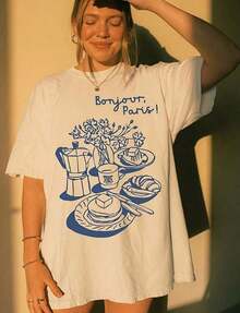 Camiseta Bonjour Paris, Camiseta con Estampado de Desayuno Francés, Camiseta Oversize Estilo Chic Parisino, Camiseta de Estética Francesa, Camiseta Vintage de Panqueques y Café, Camiseta Casual Elegante, Ropa de Trabajo, Algodón, Camiseta Brea220G de Algodón 100% de Alto Gramaje. Con estampado de mariposas, adecuada para niñas y mujeres, camiseta inspiradora de manga corta y cuello redondo, top de verano de estilo estético Y2K, adecuada para actividades al aire libre, familia, trabajo o uso diario casual en la calle. - Blanco - Ver 6