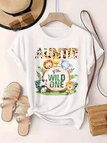 Camiseta Casual de Manga Corta para Mujer - Diseño "Tía del Salvaje" con Animales Lindos, Cuello Redondo, Top de Verano, Lavable a Máquina, Camisetas para Damas, Ropa Casual, Estilo Moderno, Ajuste Cómodo
Patrón blanco - Blanco - Ver 2