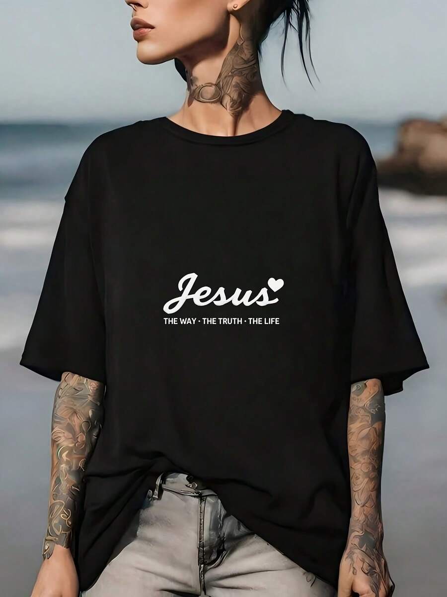 "Under The Radar" Camiseta "Jesus The Way The Truth The Life" de 180g, Regalo para Pascua y Salidas Familiares, Actividades de Team-building, Ligera, Transpirable, Camiseta de Moda para Mujer - Estilo Urbano Vintage, Unisex, de Algodón, Manga Corta, Cuello Redondo - Negro - Ver 1