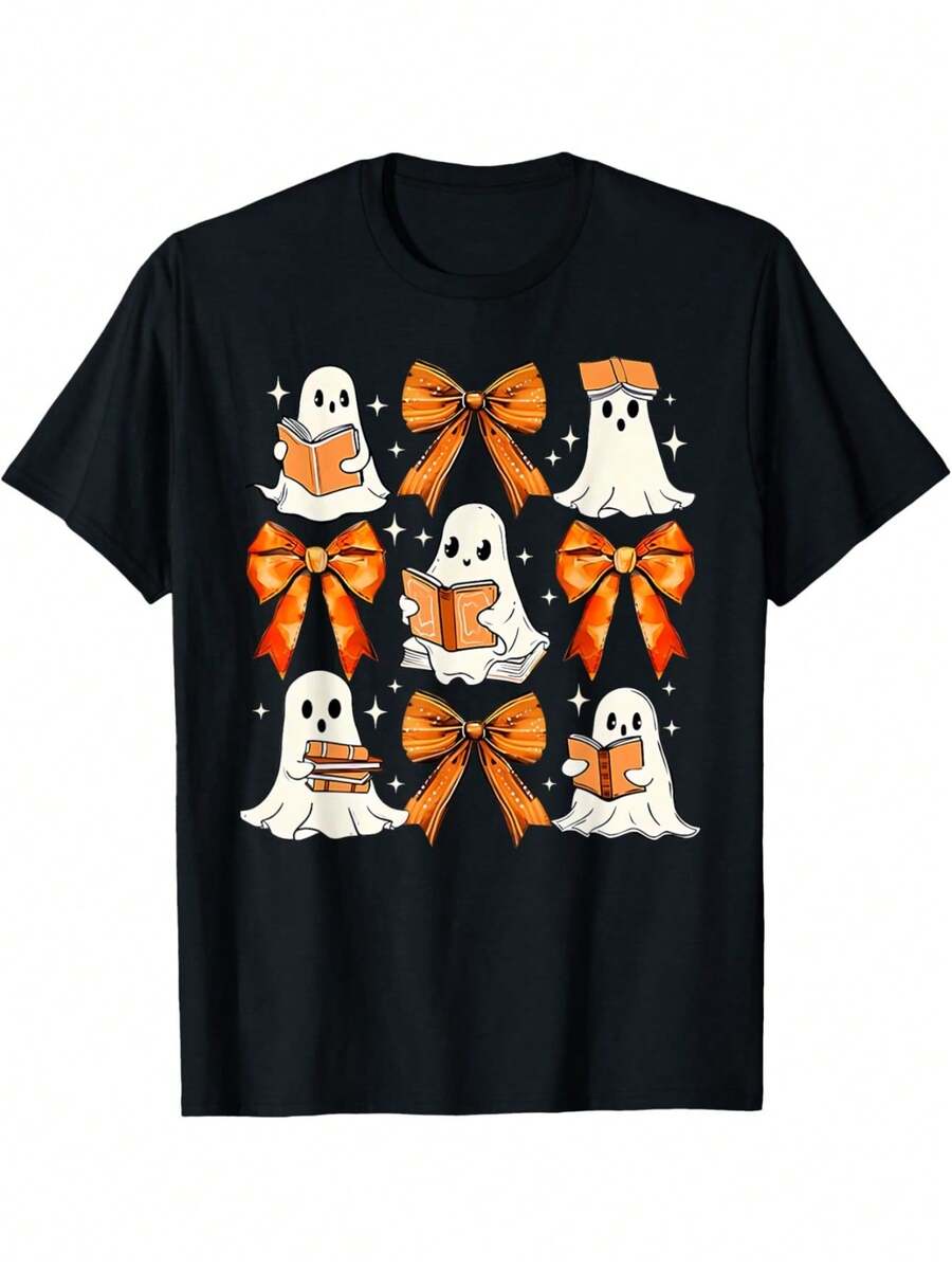 Coquette Bow Ghost Reading Books Funny Halloween Teachers T-Shirt For Men Women Kids - Black - View 1