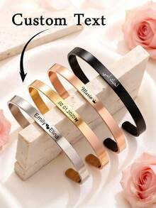 Vòng tay khắc tên cá nhân, vòng tay khắc chữ hai mặt, vòng tay thép không gỉ dạng mở, màu bạc, vàng, đen, vàng hồng, quà tặng Ngày của Mẹ, vòng tay khắc tên hai mặt, vòng tay khắc ngày tháng, trang sức mùa hè, phụ kiện đi biển - Nhiều màu - Xem 2