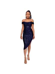 Vestido de mujer color champán con lentejuelas, diseño off-shoulder con drapeado, abertura lateral asimétrica, tejido brillante elástico ideal para fiestas de verano, bodas como invitada y cenas elegantes al aire libre, estilo sexy glamoroso perfecto para celebraciones y eventos formales - Azul lavado oscuro - Ver 1
