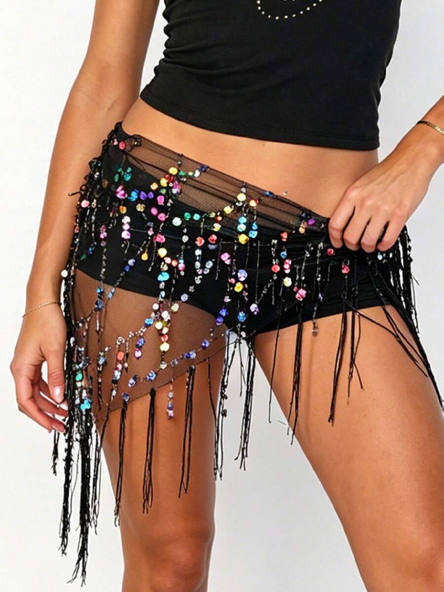 Women Belly Dance Sequin Tassel Hip Scarf Triangle Belt Wrap Skirts Music Festival Sheer Mesh Waist Chain - 彩色 - 查看 1